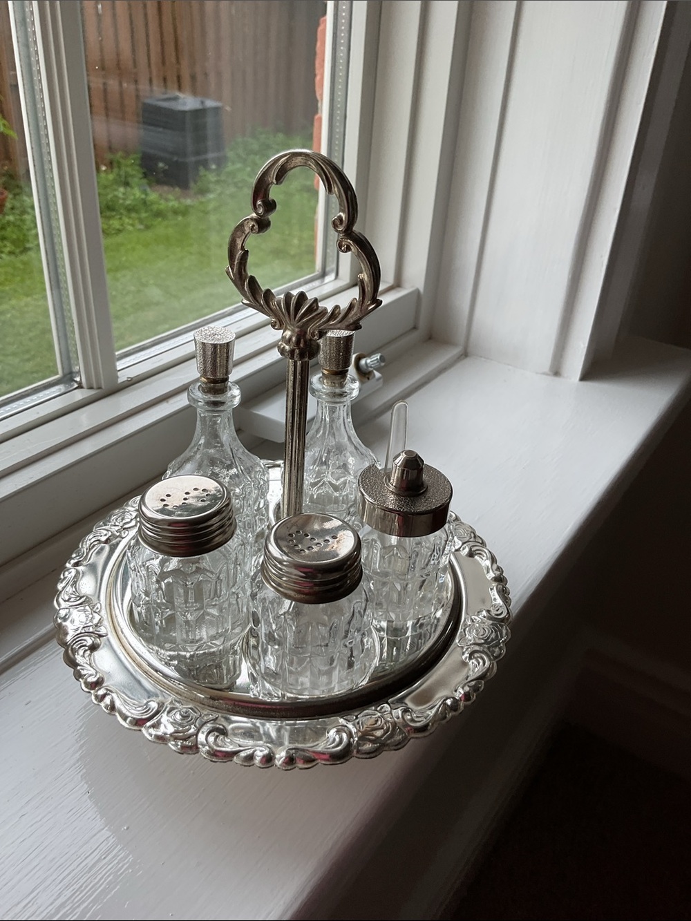 Vintage HUGO Silver Plate Carousel Cruet Set with 5 Glass Bottles